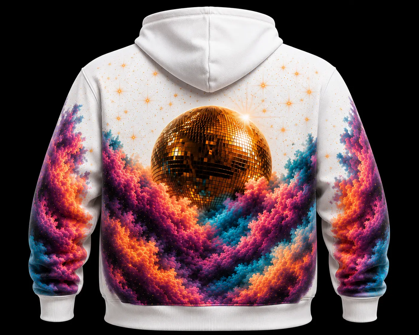Back of the white Heaven hoodie with a golden mirrorball print
