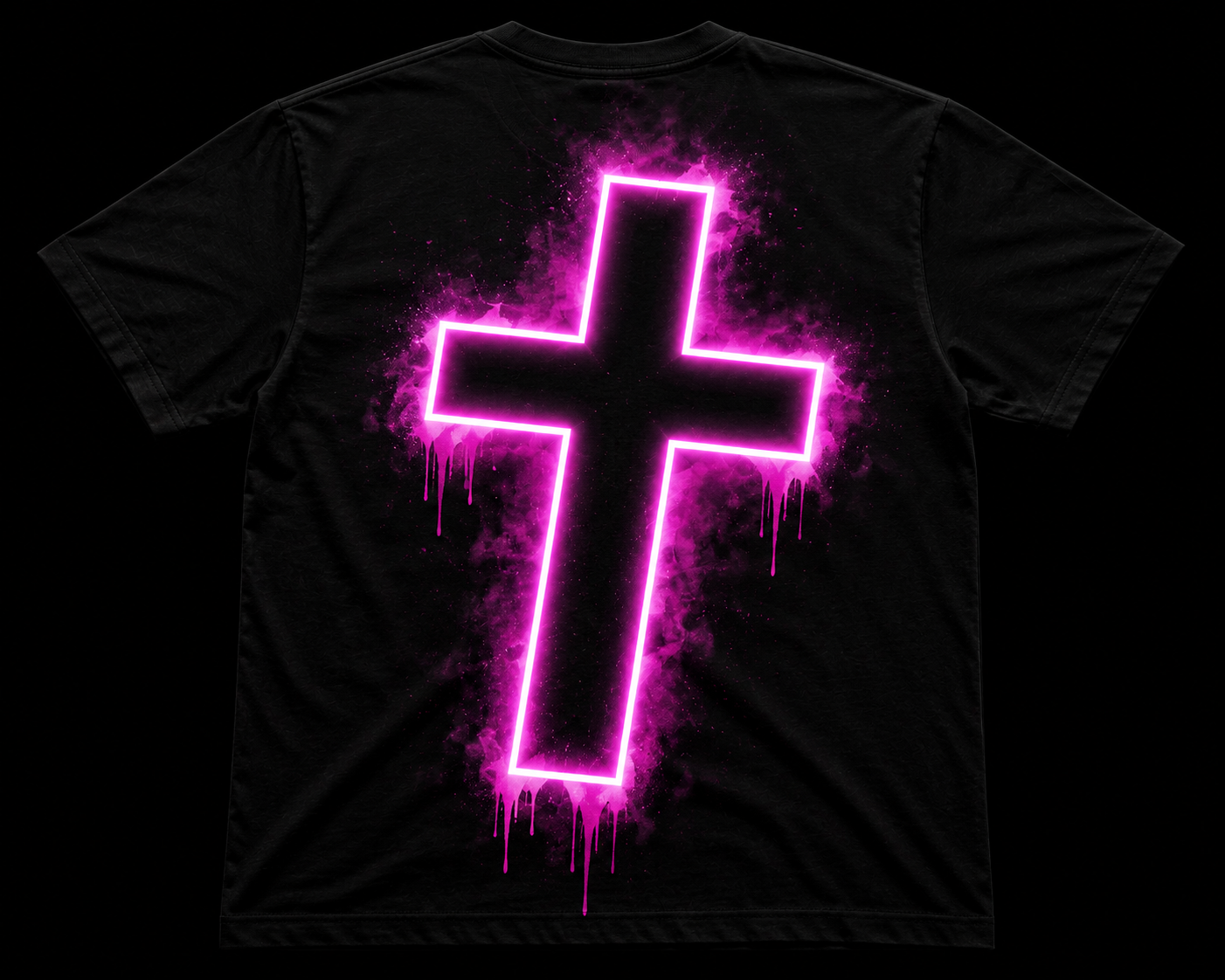 Back of the black t-shirt with a glowing neon pink dripping cross