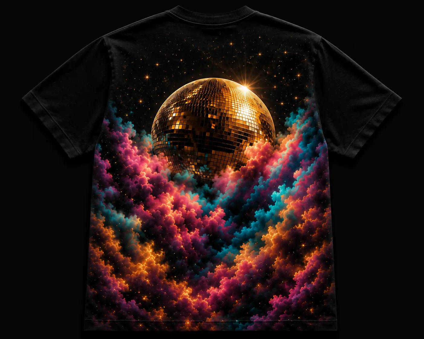 Back of the black Heaven t-shirt showing a golden mirrorball above colourful clouds