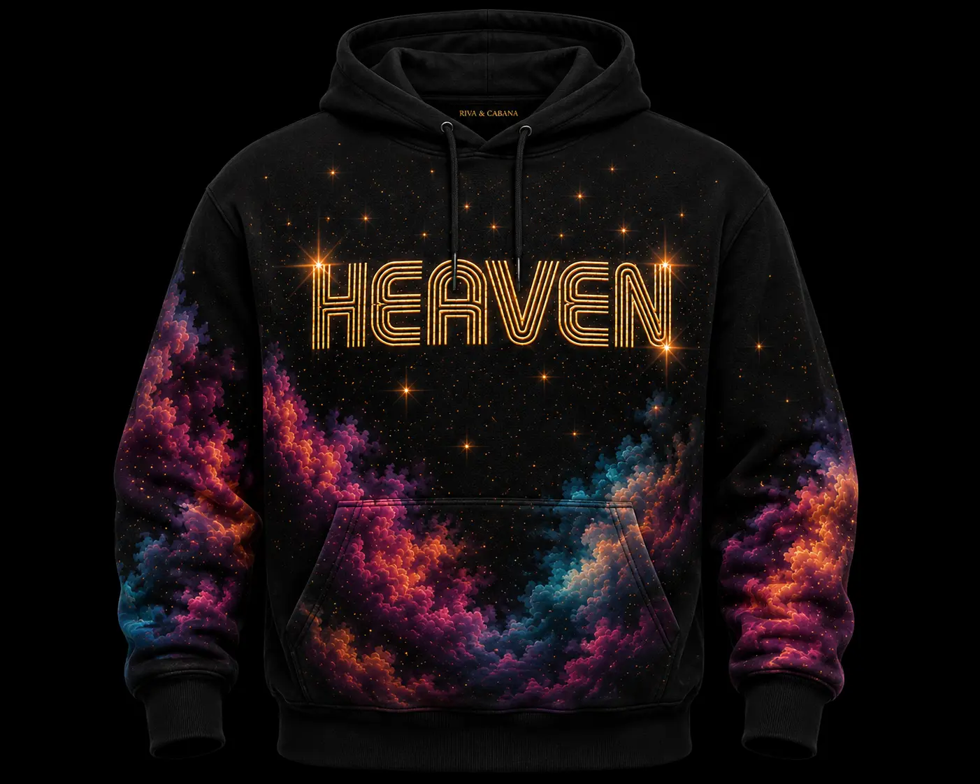 Black Heaven hoodie with neon gold Heaven lettering and cloud print sleeves