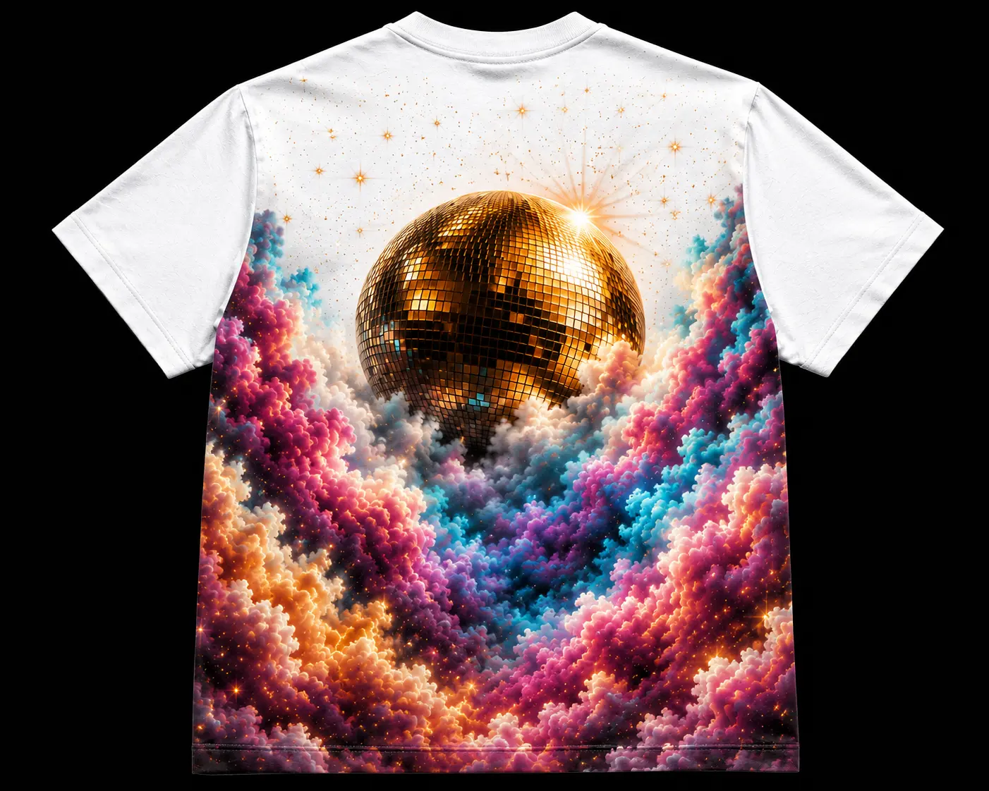 Back of the white Heaven t-shirt showing a golden mirrorball above colourful clouds