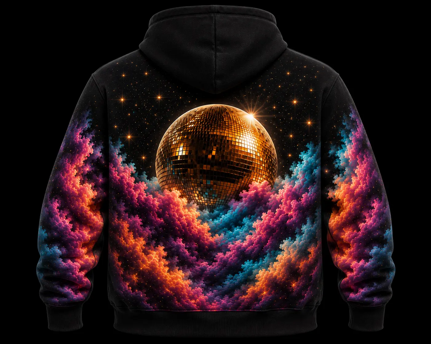 Back of the black Heaven hoodie with a golden mirrorball print