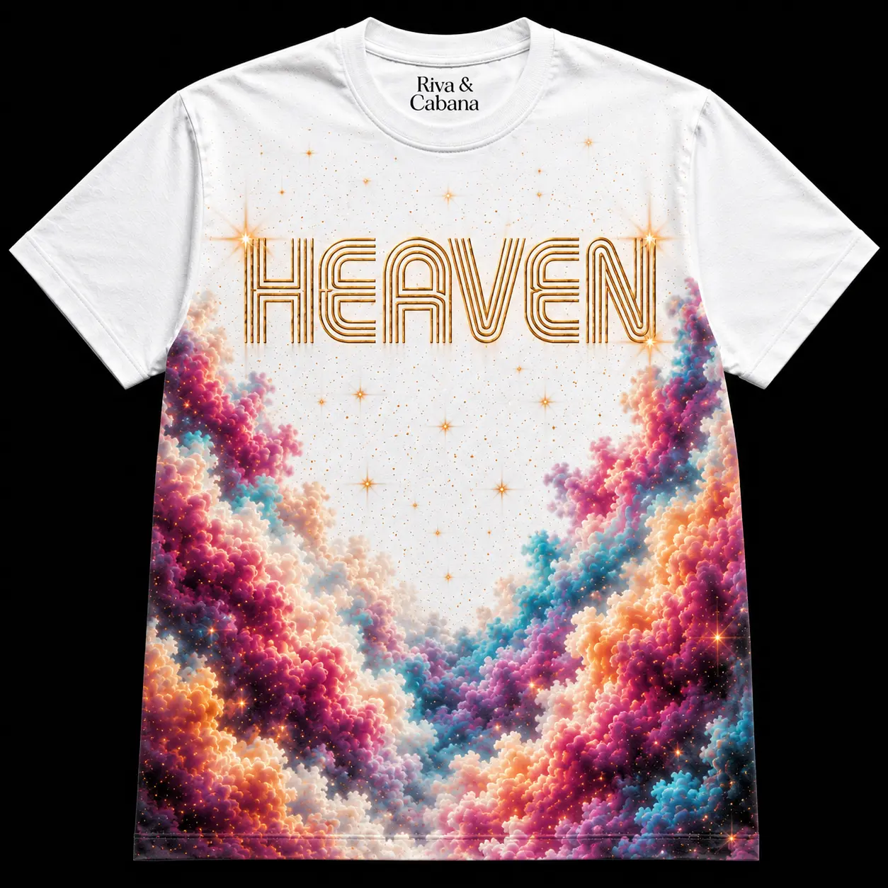 White Heaven all-over-print t-shirt with neon gold Heaven lettering