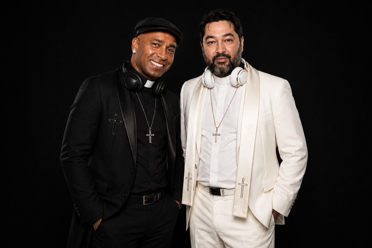 Riva & Cabana — Elwin Kurtic and Bobi Lazarov in black and white minister-style suits with headphones and crosses