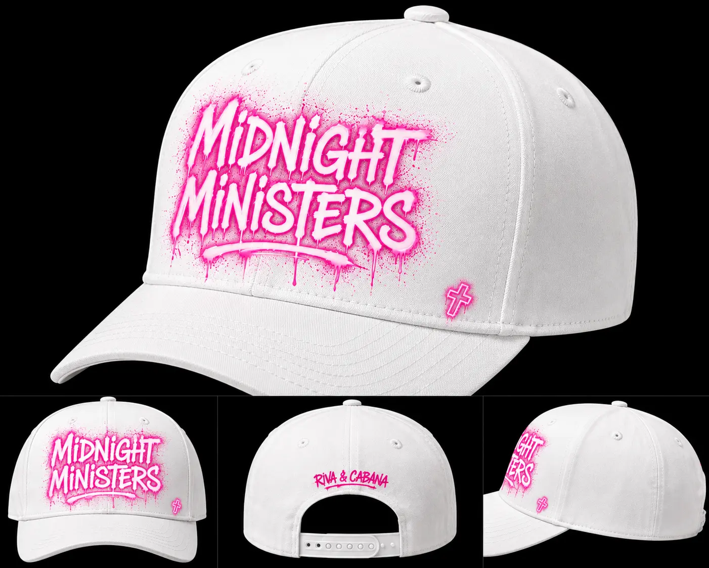 White Midnight Ministers cap with neon pink spray-paint logo shown from multiple angles