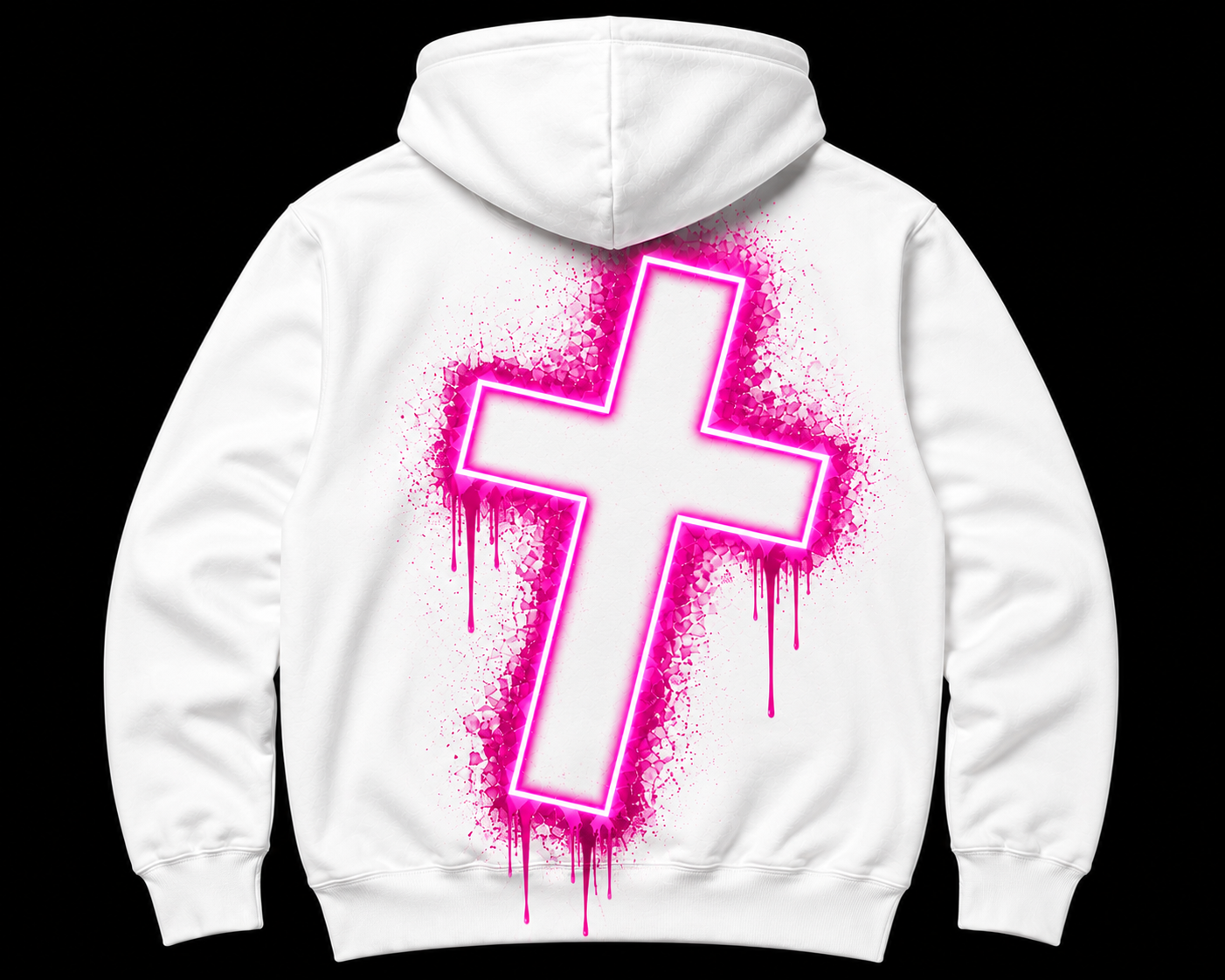 Back of the white hoodie with a glowing neon pink dripping cross print