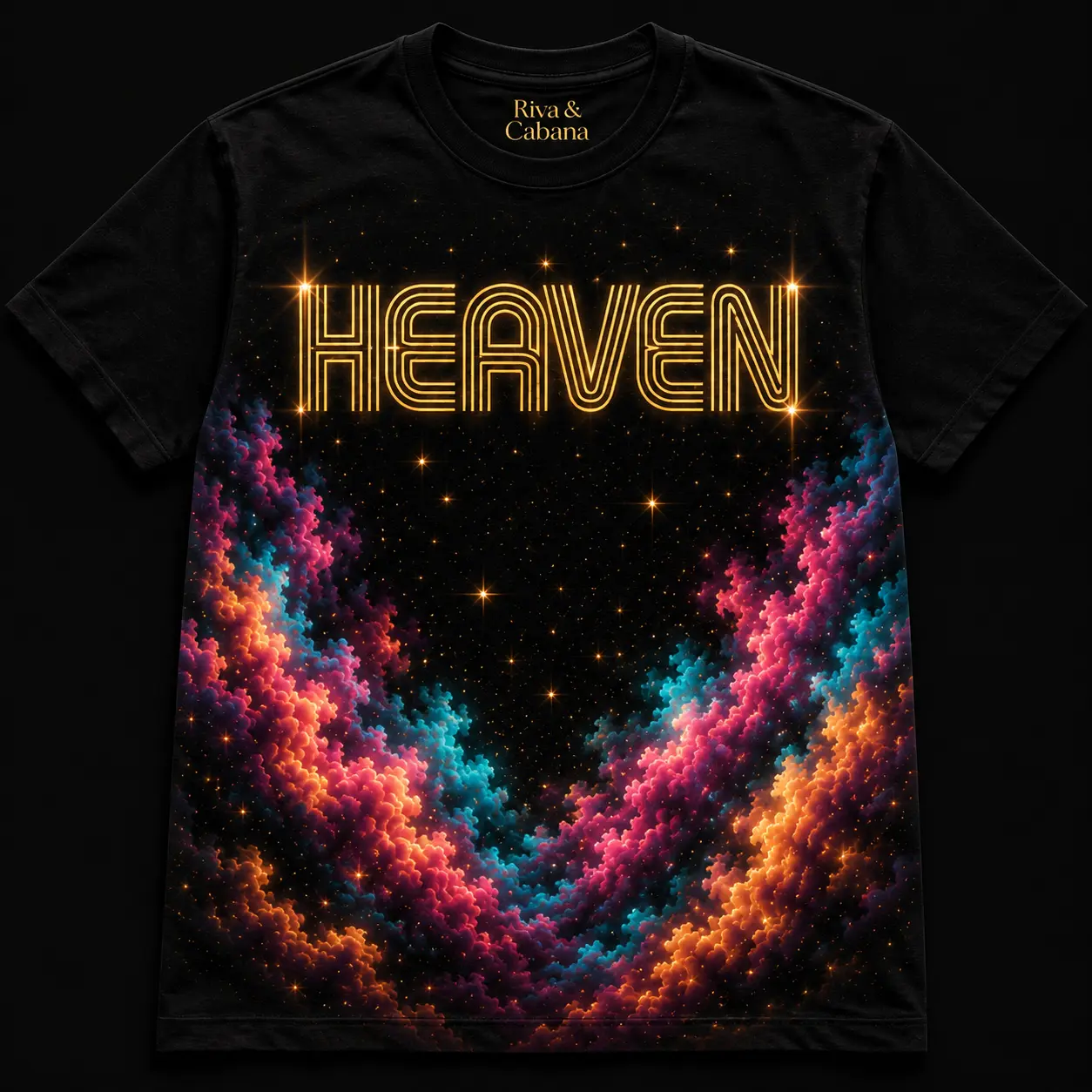 Black Heaven all-over-print t-shirt with neon gold Heaven lettering