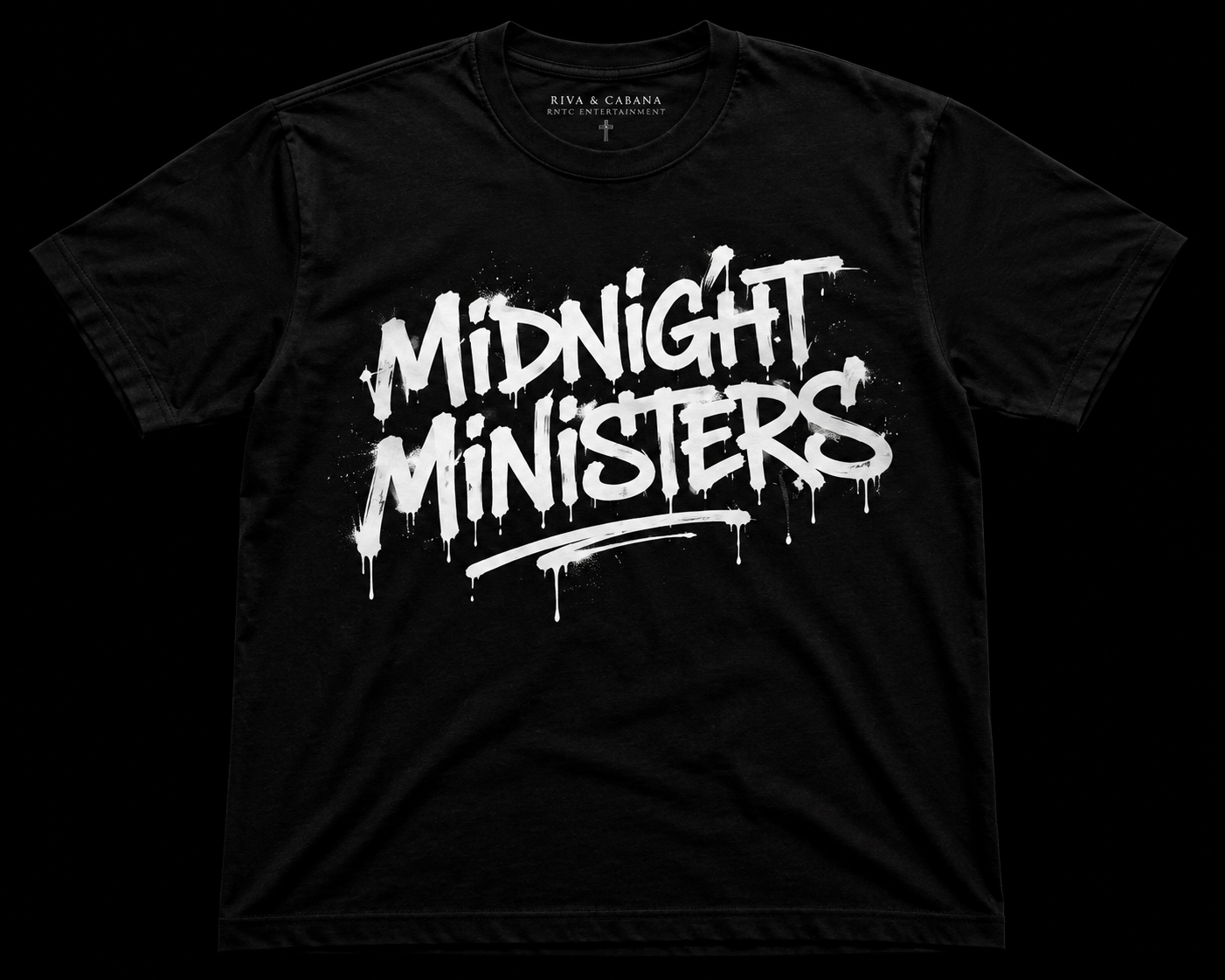 Black t-shirt with white Midnight Ministers spray-paint lettering