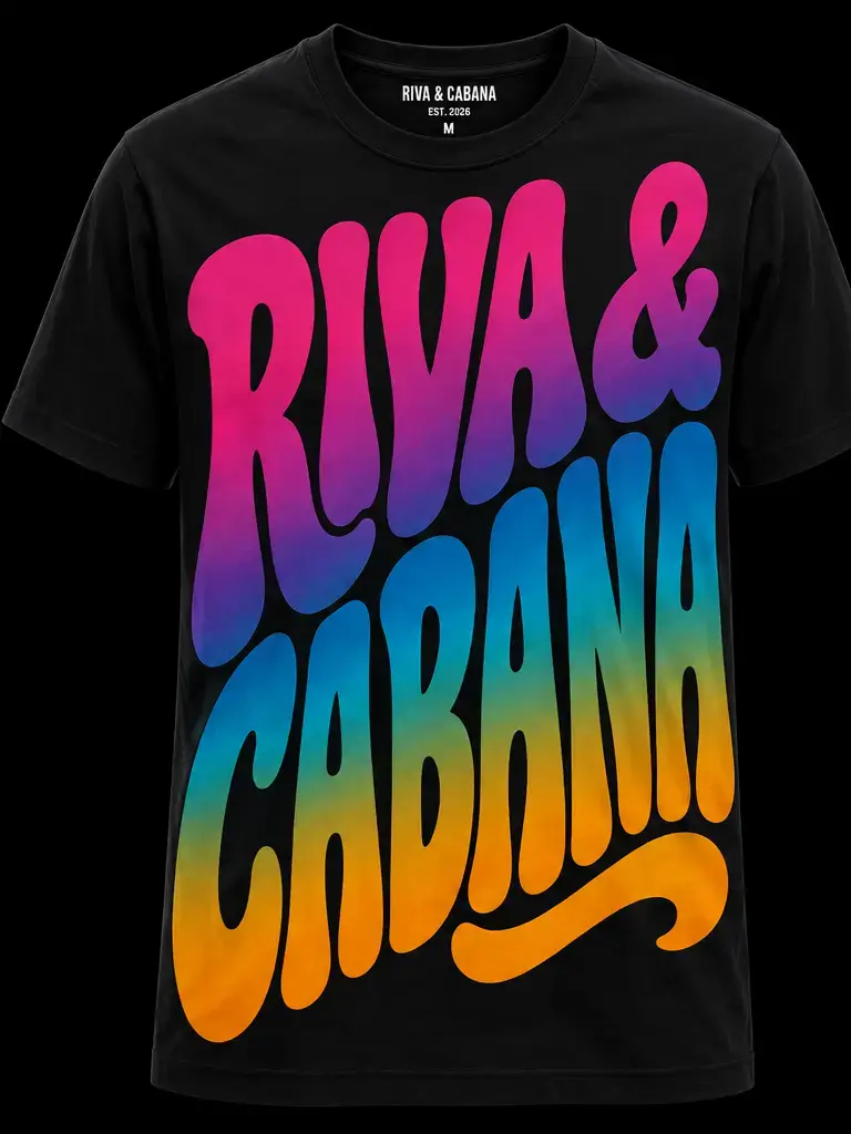 Black t-shirt with rainbow gradient Riva & Cabana lettering