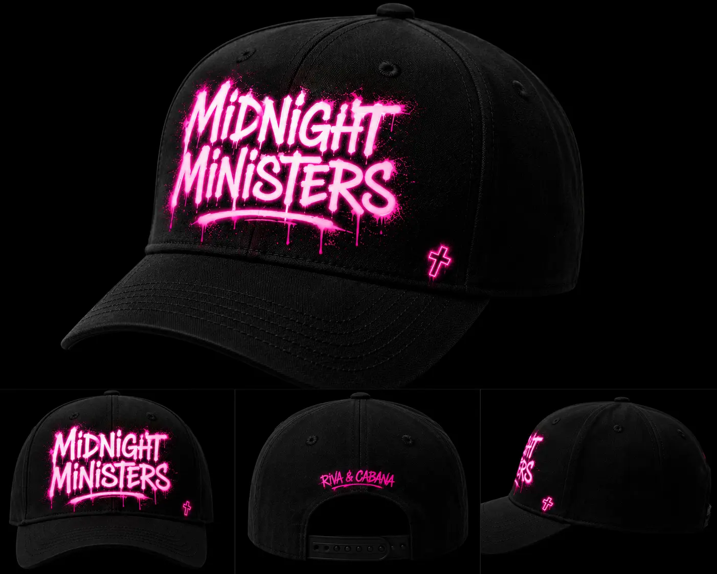 Black Midnight Ministers cap with neon pink spray-paint logo shown from multiple angles