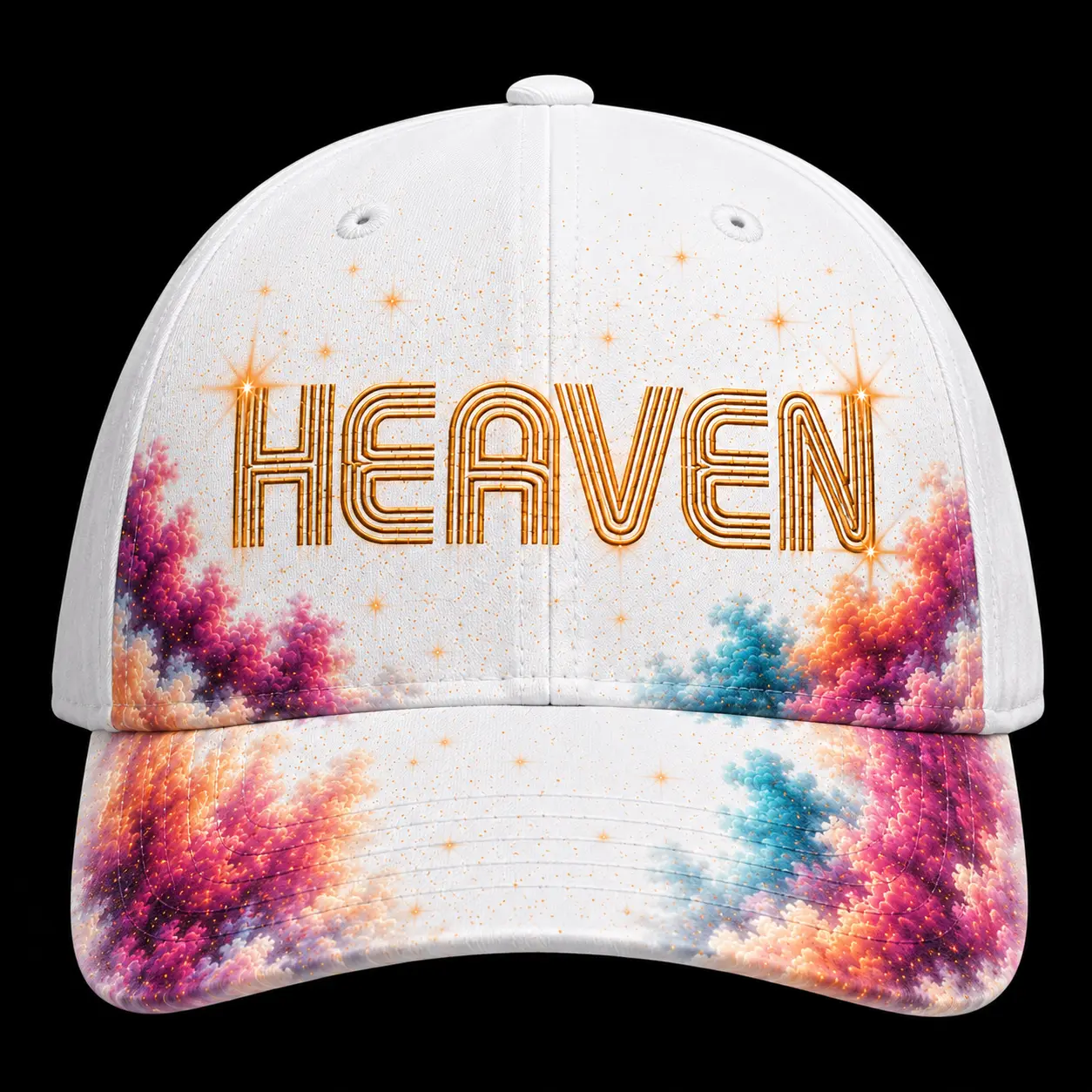 White Heaven cap with gold Heaven lettering and cloud print brim