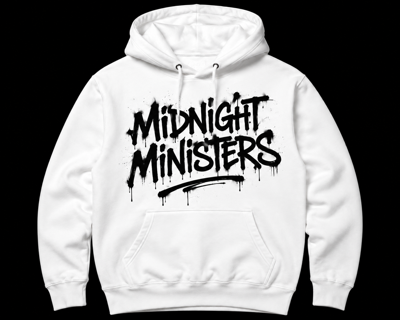 White hoodie with black Midnight Ministers spray-paint lettering