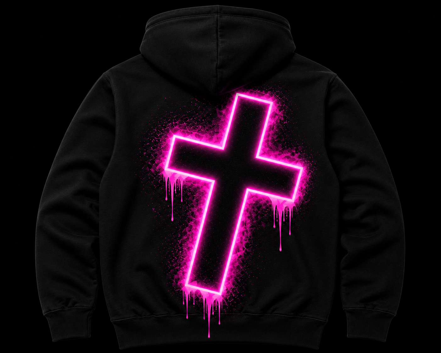 Back of the black hoodie with a glowing neon pink dripping cross print