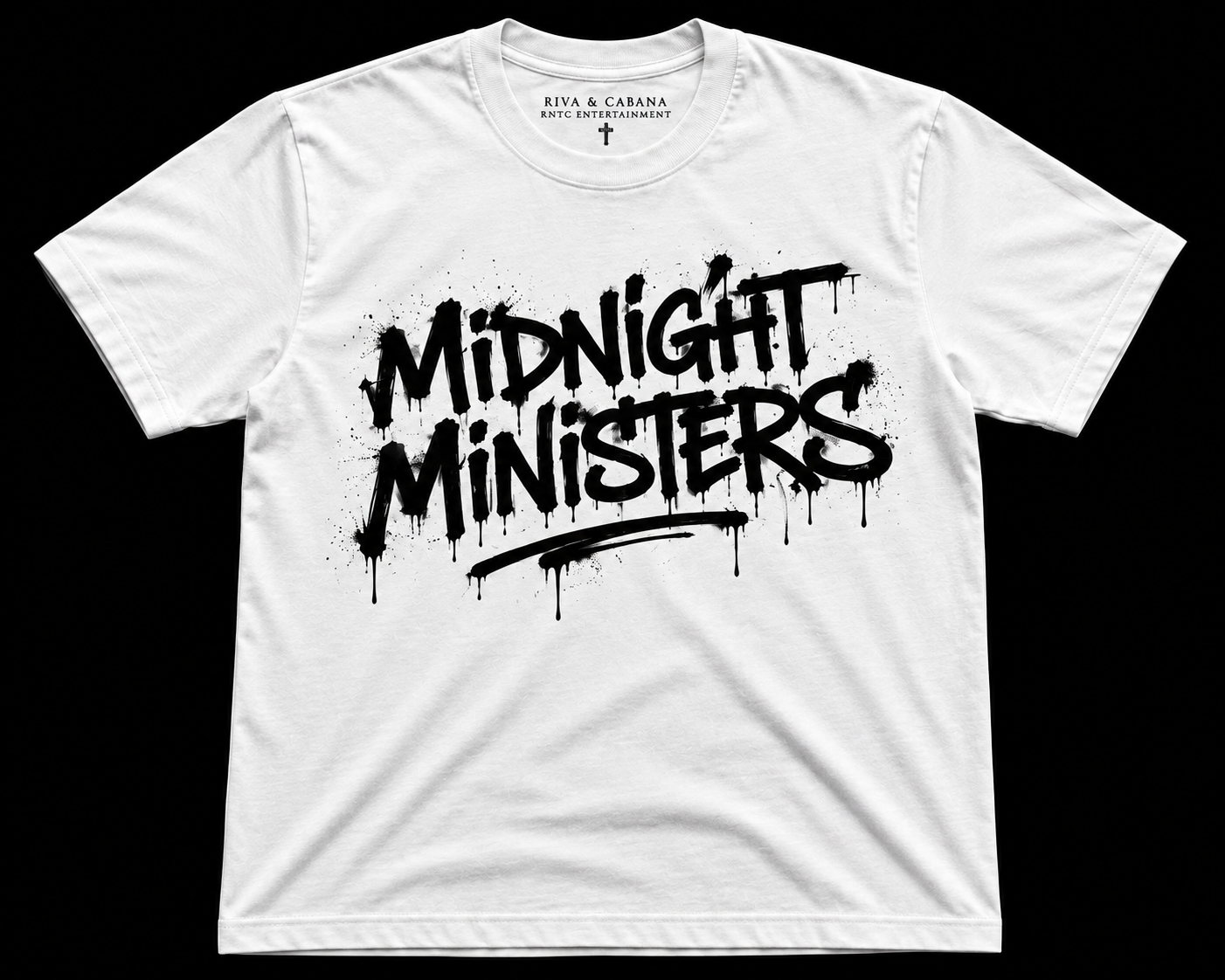 White t-shirt with black Midnight Ministers spray-paint lettering