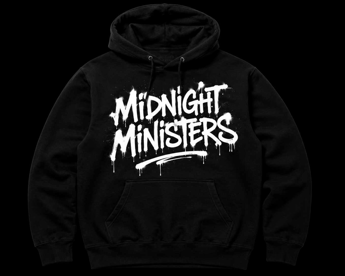 Black hoodie with white Midnight Ministers spray-paint lettering