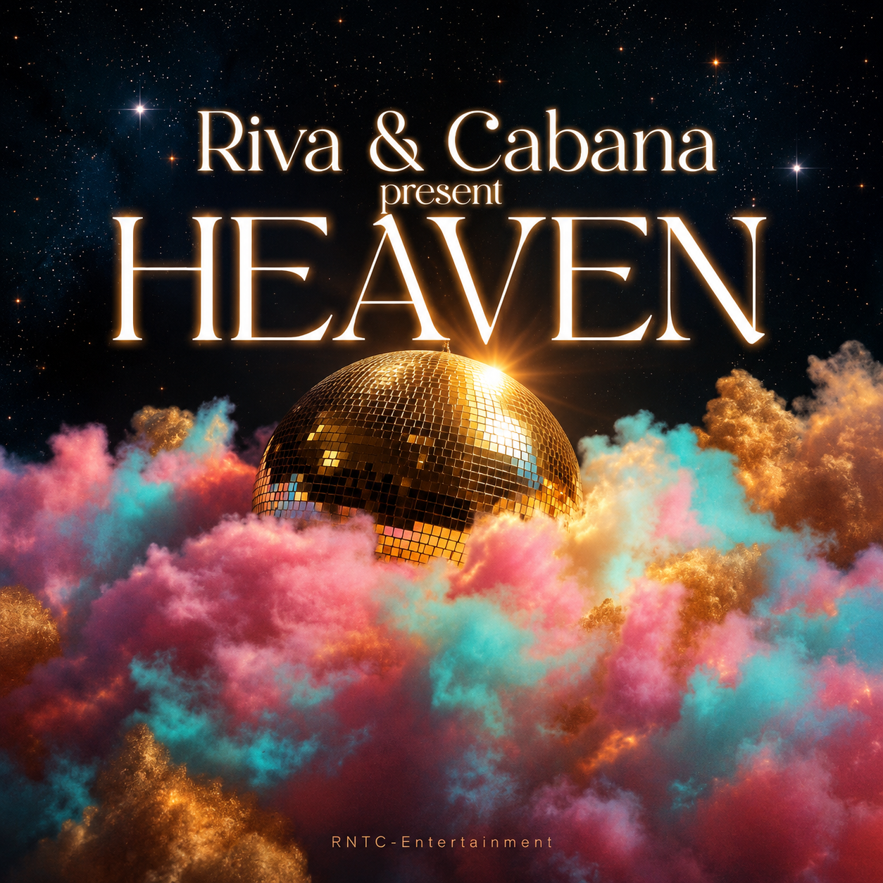 Heaven album cover: a golden mirrorball rising through pink and teal clouds under a starry sky