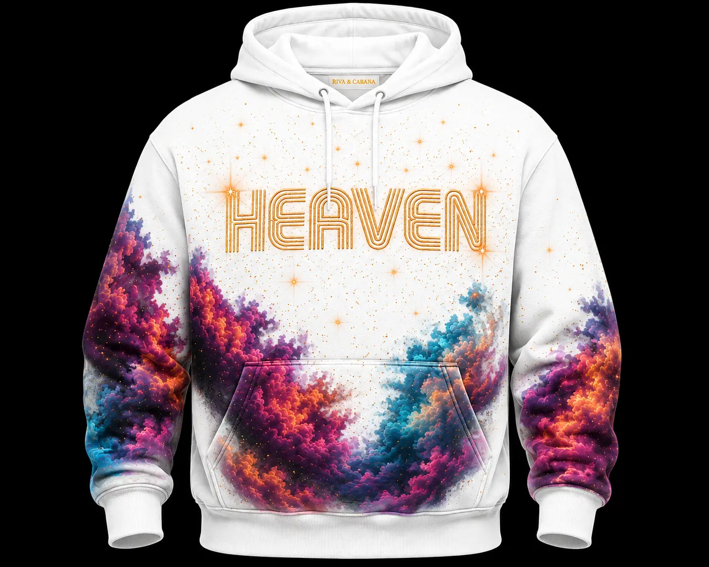 White Heaven hoodie with gold Heaven lettering and colourful cloud print