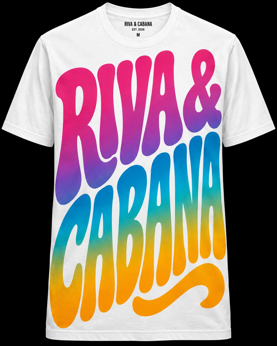 White t-shirt with rainbow gradient Riva & Cabana lettering