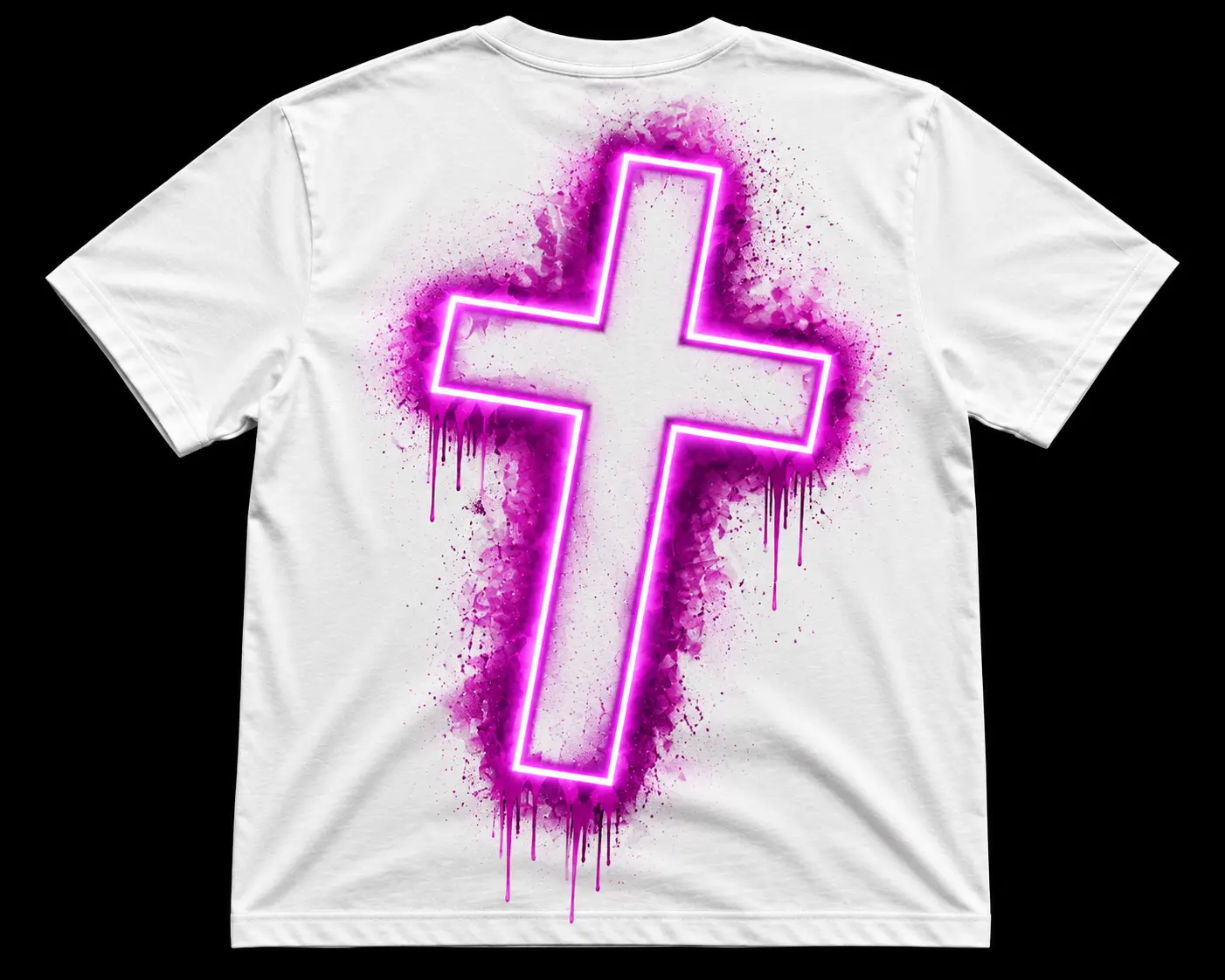 Back of the white t-shirt with a glowing neon pink dripping cross