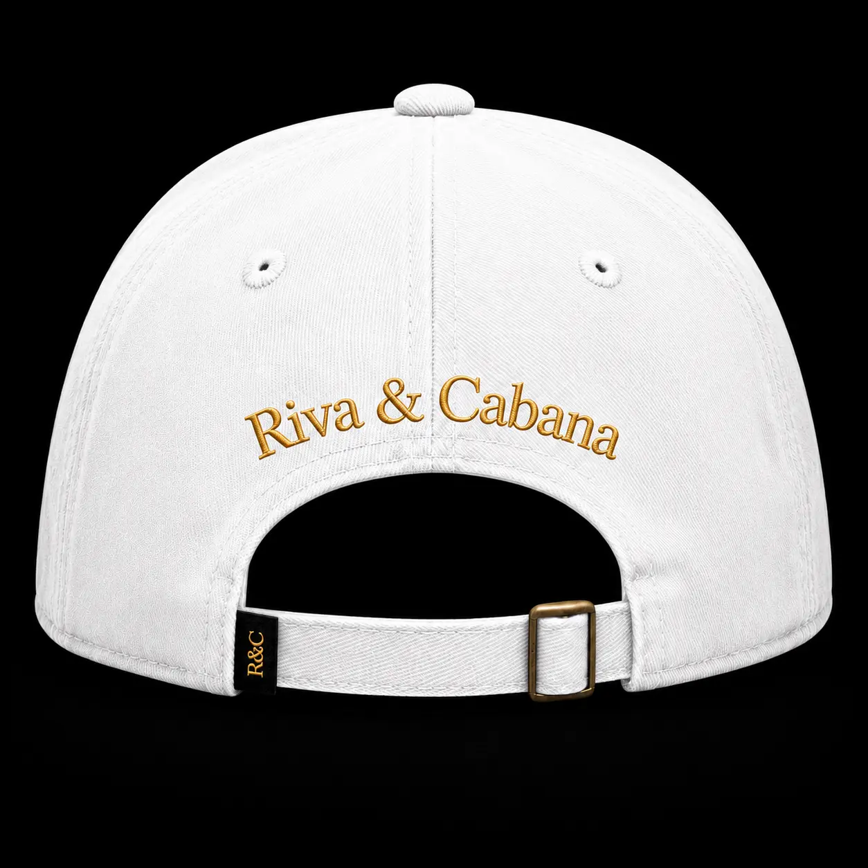 Back of the white Heaven cap with gold Riva & Cabana embroidery