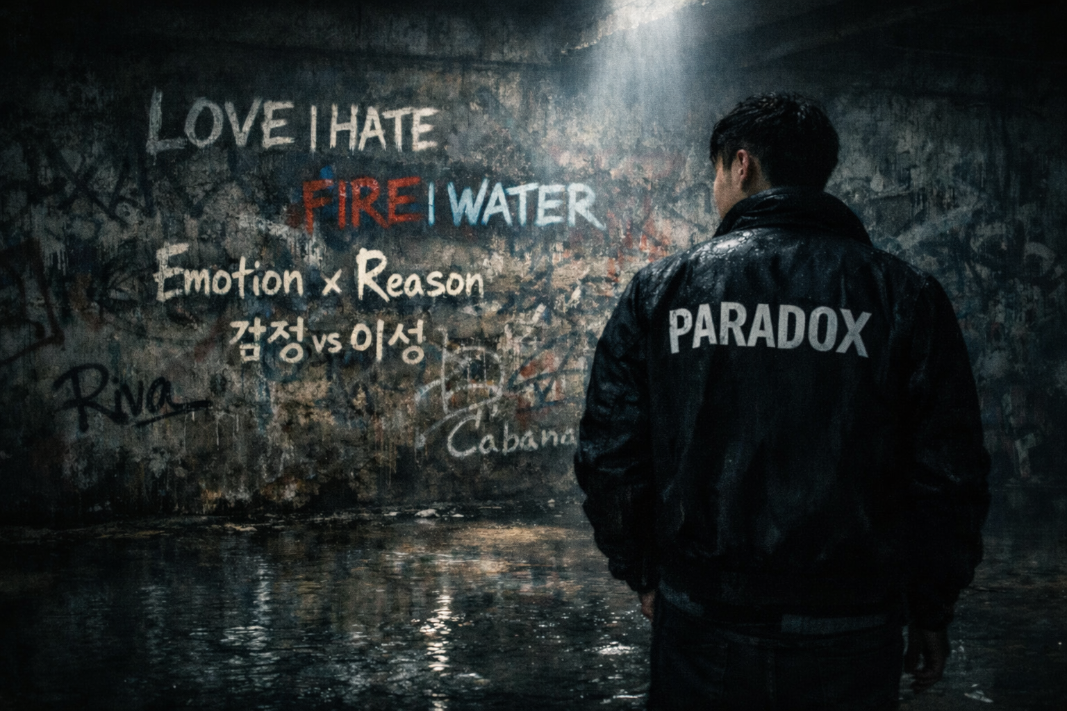 Paradox album cover: a figure in a Paradox jacket facing a graffiti wall reading Love | Hate, Fire | Water