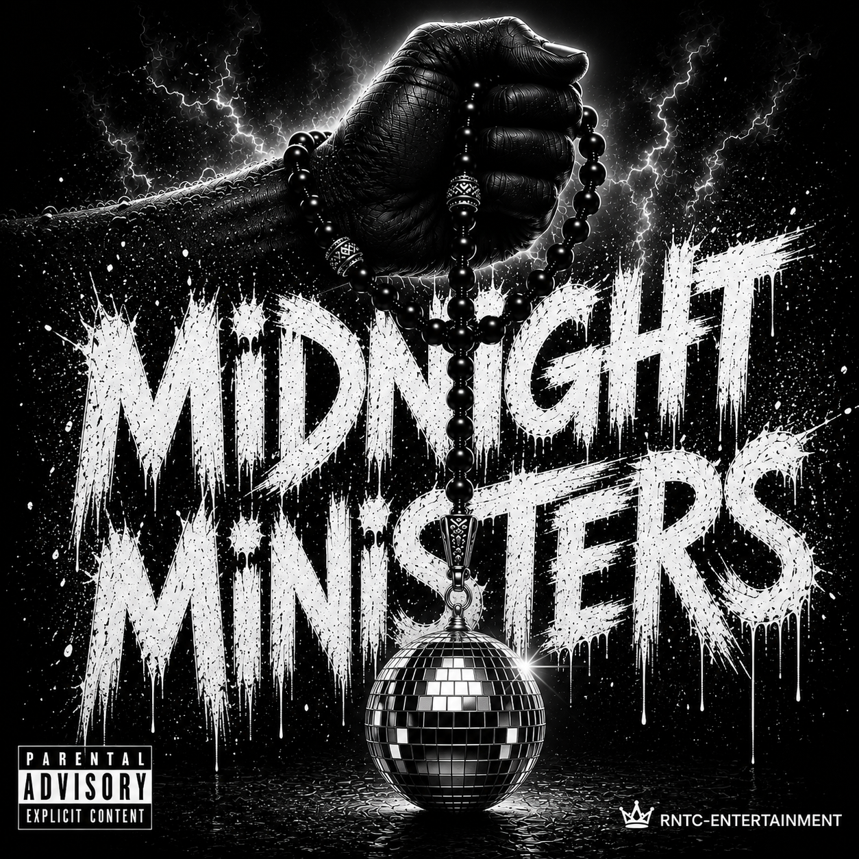 Midnight Ministers album cover: a praying fist wrapped in a rosary above a disco ball, with dripping Midnight Ministers lettering