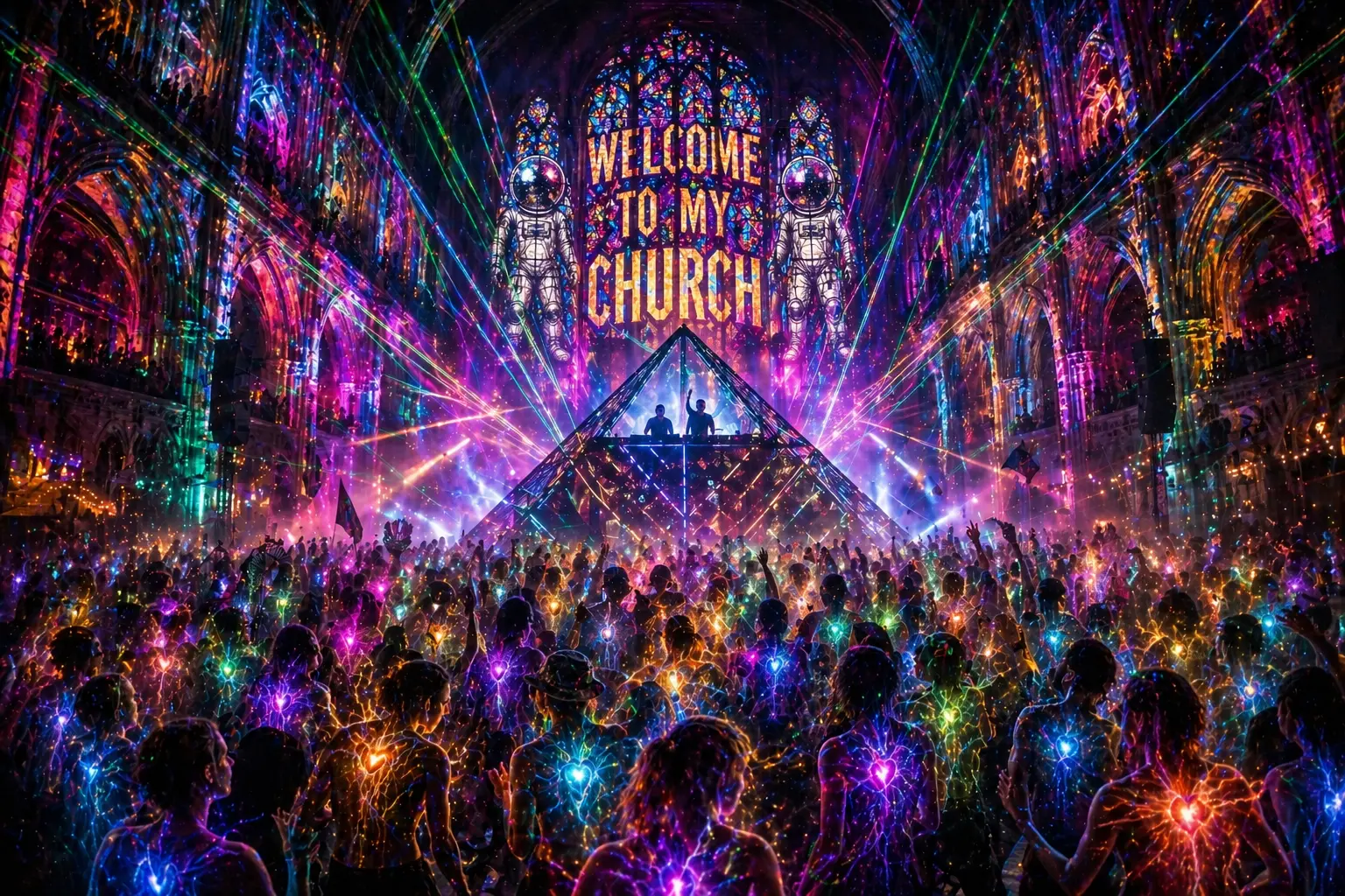 Welcome to My Church album cover: a neon-lit cathedral rave with lasers and a glowing crowd