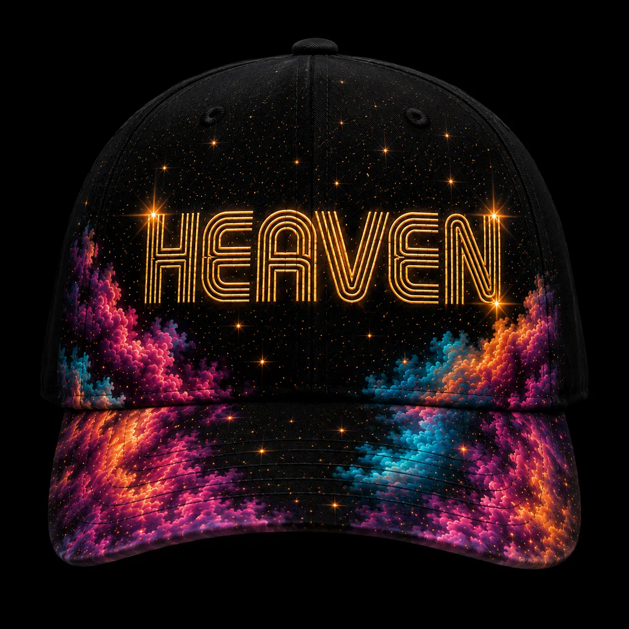 Black Heaven cap with gold Heaven lettering and cloud print brim